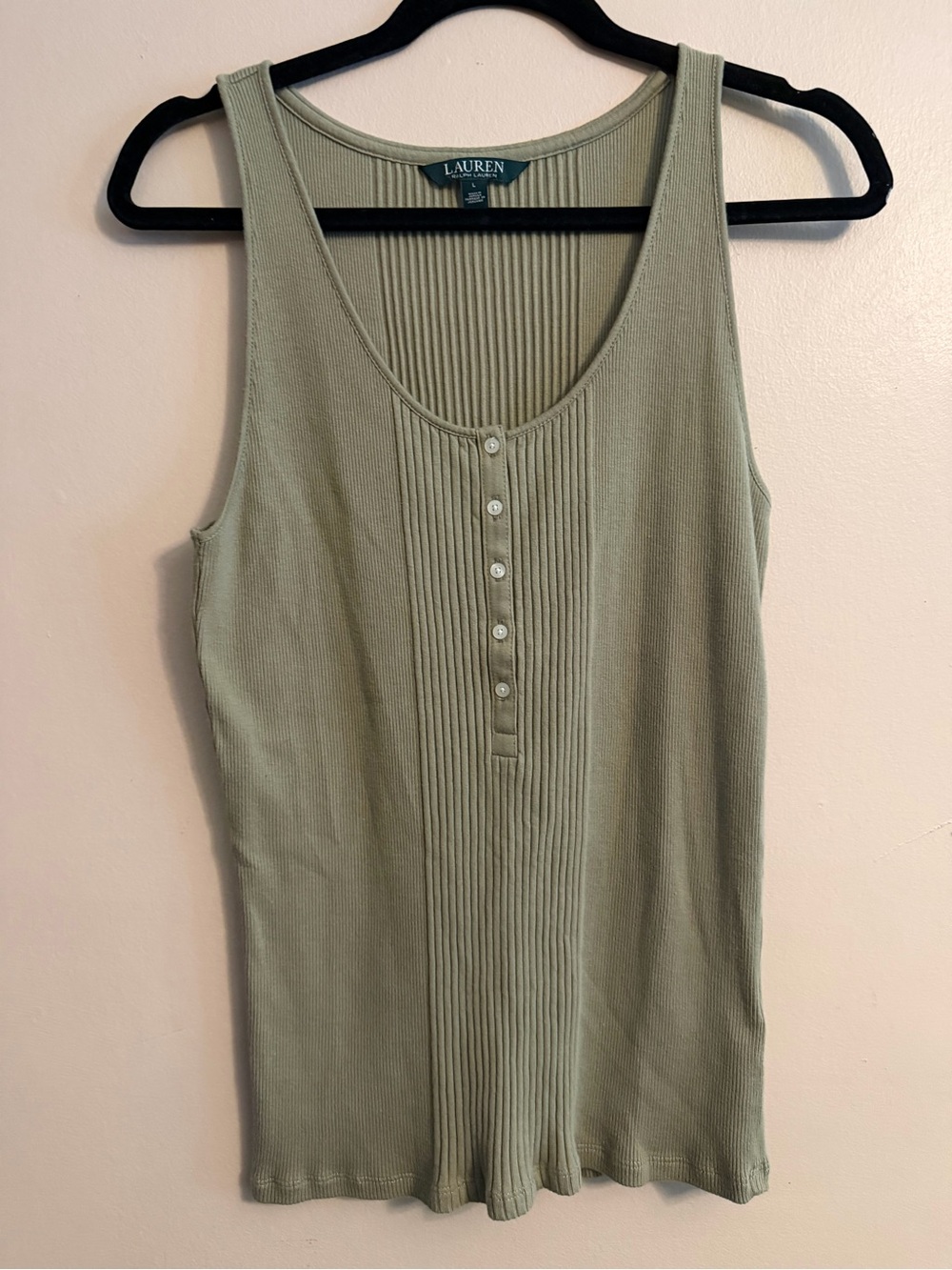 Ralph Lauren Light Olive Ribbed Tank with Button Placket